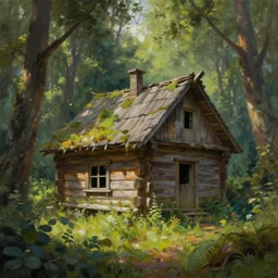 a beautiful painting of of an old abandoned log cabin in a fantasy fairy forest by greg rutkowski and kalin popov, trending on artstation, masterpiece,