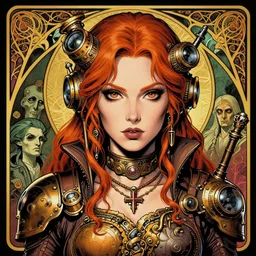 a detailed portrait illustration of a steampunk tech - sorcerer. attractive female face, ginger. art nouveau, pop art, comic book style. influenced by neil gaiman, h. p. lovecraft, dan mumford, brian froud, heade, killian eng, ross tran.
