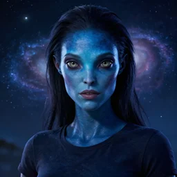 epic portrait cinematic shot an female alien with blue skin wearing a dark t shirt and having dark hair, shiny skin, two alien eyes, galaxy backround, fine details. night setting. realistic shaded lighting poster by craig mullism, artgerm, jeremy lipkin and michael garmash, unreal engine, radiant light, detailed and intricate environment, digital art, trending on art station,