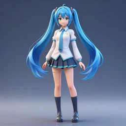 a girl with long blue hair wearing a school uniform, computer graphics by Miyazaki, featured on pixiv, holography, official art, full body, 3d