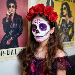 Beautiful detailed portrait of a cute Día de los Muertos girl leaning against a fashion poster by Jeremy Lipking, Phil Hale, Casey Baugh, trending on pinterest