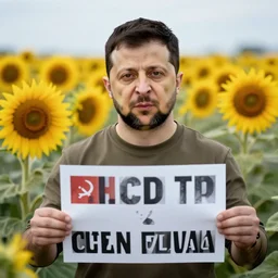 ukrainian president volodymyr zelensky as a communist propaganda posted, sunflowers in the background