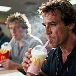 film still of ivan drago drinking a milkshake in mcdonalds, focus on faces, dramatic lighting, octane, mist, steve mccurry, volumetric lighting, 8 k