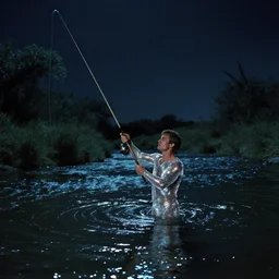 movie frame, panorama, a shining achilles fishing in the magic river styx, at night, magic, stanley kubrick movie, wide shot, surreal, deep