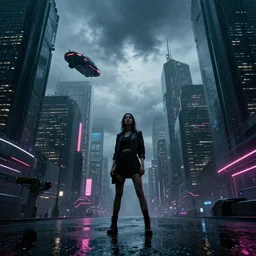dark neon city urban rainy low angle a single female in the center of the frame looking to the cloudy sky futuristic environment flying cars highly realistic
