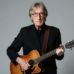 80 years old john lennon posing with a guitar, good-looking old man , promo shoot, studio lighting