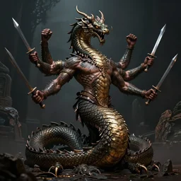 darkfantasy art of 4 - handed specie naga without tail, male, brutal, tatoo, look like barbarian with bronze skin, four handed, arm 4 swords
