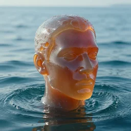 a human head sculpture made out of juicy jelly on the ocean water, cinematic, in the style of chad knight, long shot, hyper detailed, hyper realistic, ray tracing, 8 k resolution, sharp focus, realistic water, award winning