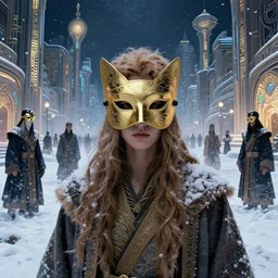 portrait of masked dune dynasty on the snow art deco streets of the undying empire city of ya - sattra during the festival of masks in the night, award - winning realistic sci - fi concept art by beksinski, bruegel, greg rutkowski, alphonse mucha, and yoshitaka amano