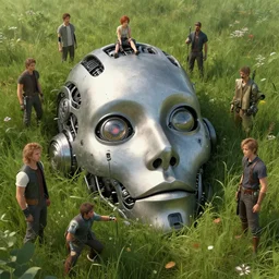 a fancy portrait of a giant michanical face buried in the meadow by Greg Rutkowski, Sung Choi, Mitchell Mohrhauser, Maciej Kuciara, Johnson Ting, Maxim Verehin, Peter Konig, final fantasy, Marco lense , 8k photorealistic, cinematic lighting, HD, high details, atmospheric , trending on artstation