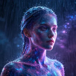 human portrait formed out of rain, beautiful, neon, epic detail, galactic background, rendered in octane, unreal engine, realistic