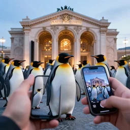 cyborg penguins invading the opera, cell phone pictures, detailed, 4k