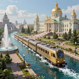 Beautiful alchemy urban train that rides inside of a waterway on a fantasy city, next to a fountain and a mystical palace. By Konstantin Razumov, highly detailded