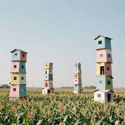 scattered towers suspended on a corn field made up of makeshift squatter shacks with bright pastel colours, mamiya, f 1 1, uniform plain sky, fine details, photographed by julie blackmon and nick knight