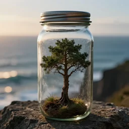 tree inside a glass jar, standing on a cliff, bokeh, ocean in the background, metal lid, dramatic lighting, hyperrealistic, volumentric lighting, highly detailed