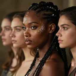 fancy side portrait of a gorgeous dark skinned goddess with decorated braided hair and crystals on her cheeks and forehead, by wlop and Ross Tran and sam yang and mandy jurgens and viktoria gavrilenko, identical eyes, gazing eyes, stunning, gorgeous, beautiful eyes medium shot, elegant pose, fantasy, featured on artstation, cinematic lighting, hyperdetailed, cgsociety, 8k, golden ratio, vfx, dramatic, alluring