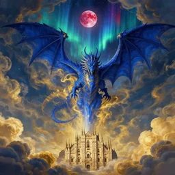 destructive dragon - shaped meteor emerging from gold and royal blue asperitas clouds in cyberpunk theme, heading straight down to renaissance italy, during an aurora borealis and red moon, intricate, elegant, by greg rutkowski, conrad roset, takato yomamoto, james jean, rule of thirds, highly detailed