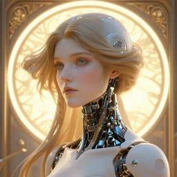 cyborg woman portrait, artgerm, bastien grivet, artstation, alphonse mucha, halo of light
