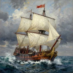 A beautiful painting of a singular Ancient sailing ship tossed across a tumultuous sea of rage by greg rutkowski and thomas kinkade, Trending on artstation.