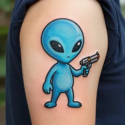 new school tattoo of blue alien holding a ray gun