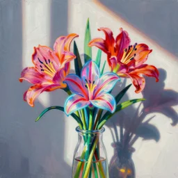 a bouquet of flowers, flowers with very long petals,stark sunlight, hard light and long shadows, neon glowing, vivid, detailed painting, by James Jean and Ross Tran, masterpiece, award winning painting