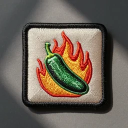 an embroidered square patch of a retro minimalist clean jalapeno on fire flames