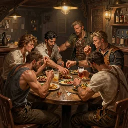 half dozen guys brawling in a tavern. intricate, elegant, highly detailed, digital painting, artstation, concept art, sharp focus, illustration, by justin gerard and artgerm, 8 k