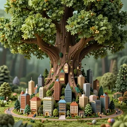 a miniature city built into the trunk of a single colossal tree in the forest, with tiny people, in the style of andreas rocha, lit windows, close - up, low angle, wide angle, awe - inspiring, highly detailed digital art