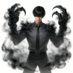 a highly detailed illustration of attractive korean man with bowl cut black hair wearing shirt and tie with foggy giant black mist claws, wielding giant black mist claws pose, tired expression, black mist surrounding background, intricate, elegant, highly detailed, centered, digital painting, artstation, concept art, smooth, sharp focus, league of legends concept art, wlop.