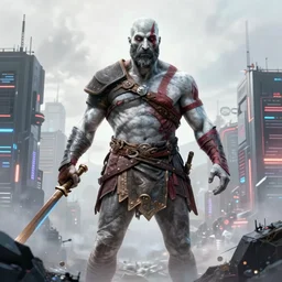 god of war looming over a cyberpunk city