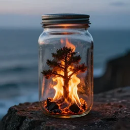 glass jar with a burning! tree inside, standing on a cliff, bokeh, ocean in the background, metal lid, dramatic lighting, ember, small flames, hyperrealistic, volumentric lighting, highly detailed