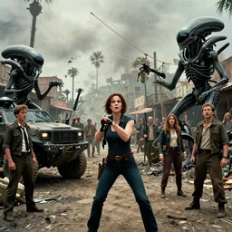 color! cinematic still from 2 0 1 1 hollywood action!! scifi! blockbuster. dark fantasy in dirty seaside town. a globster. grappling!!! hybridizing! alien - robot invasion. frightened casually - dressed refugees. alien military vehicles and weapons. sarah connor with ellen ripley ( in military uniforms ).