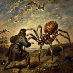 samwise gamgi fighting shelob the giant spider queen, painting by gustave courbet, high detail, claude joseph vernet, rembrandt, museum painting, masterpiece