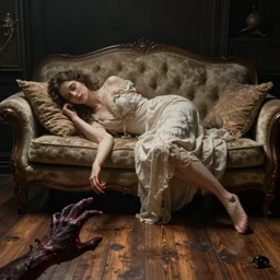 a portal to hell in a wooden floor. a demonic hand reaches out to a woman, sleeping on a sofa, unaware of the danger awaiting