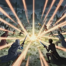 zoomed out view of spirit souls fighting on a battlefield to the death beams. hyperrealistic anime background illustration by kim jung gi, colorful, extremely detailed intricate linework, smooth, super sharp focus, bright colors, high contrast, matte, octopath traveler, unreal engine 5 highly rendered, global illumination, radiant light