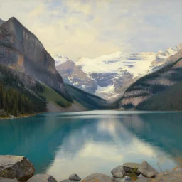 Lake Louise in Banff National park, beautiful detailed landscape painting in the style of 19th century Hudson River school of Art