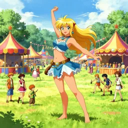 greg manchess concept art of a beautiful blonde cavewoman ayla dancing at the millennial fair from chrono trigger, outdoor fairgrounds, grass, trees, colorful striped pavillions, by stanley artgerm lau, wlop, rossdraws, james jean, andrei riabovitchev, marc simonetti, and sakimichan, tranding on artstation