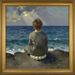 vintage beautiful painting of a 🧜‍♂️  sitting on a pearl with the back in the middle of ocean in Mary Cassatt style