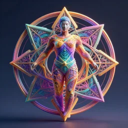 a fourth dimensional beautiful being made from sacred geometry, colorful, award winning, trending on artstation, 8 k