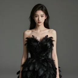 hight focus of a wonderful realistic focused sweet wonderful symmetrical mid portrait of a lonely very beautiful lady, with a dress that is like a realistic soft black plumes, image in center, dramatic light, octane render - 8 k