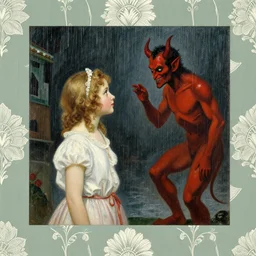 a baroque painting of a girl meeting the devil in the rain at night, 1 9 7 0 s, seventies, wallpaper, delicate embellishments, painterly, offset printing technique, by brom, robert henri, walter popp