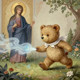 breathtaking detailed concept art painting of a teddy bear chasing will-o-wisp in the garden, orthodox saint, ornate background