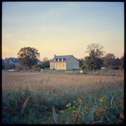 A serene landscape with a singular building in the style of Autochrome Lumière