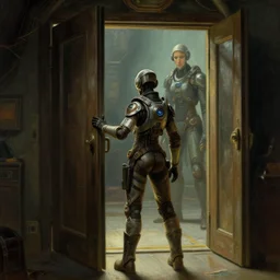 chell from portal game, waiting to door open,glados in background, cinematic lighting, J.C. Leyendecker painting