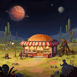 in front of a burger restaurant, in a remote outpost, on an alien planet, from a space themed point and click 2 d graphic adventure game, set design inspired slightly by hg giger and tomb raider, art inspired by thomas kinkade