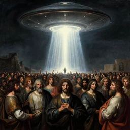 exodus from egypt, crowd of people led by ufo column of light, soft grainy bloom lucid dream - like atmosphere, harsh flash photo, baroque portrait painting, perfect composition, detailed octane render trending on artstation, 8 k artistic photography, volumetric cinematic perfect light, chiaroscuro, masterpiece, raphael, caravaggio, beksinski, rutkowski, beeple