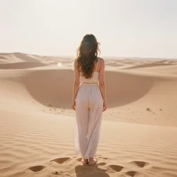 photograph of a beautiful!!! woman! from the back standing in sahara dune desert by mark owen. pastel colors. kodak portra 4 0 0 film!!. whirl bokeh!. mamiya 7. highly detailed. hq. photoreal. golden hour. lens flare. faded film. in - frame