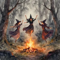 three witches dancing while flying by a campfire in the middle of a gloomy forest, painted in watercolor with gray and warm tones