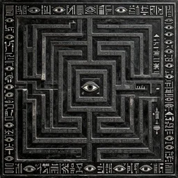 interior of a black evil egyptian hieroglyphic labyrinth, hidden eyes everywhere, highly detailed and intricate