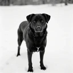 black and white photo of a single black dog in the snow, menacingly staring at the camera, by vivian maier, analog photography